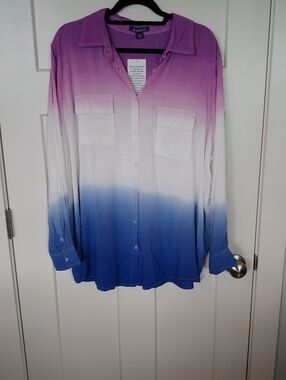 Roaman's Purple White Blue Ombre Button-Up Blouse